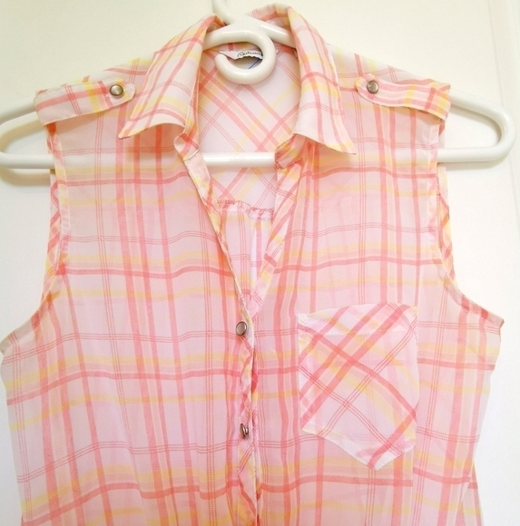 Sheer Peach and Yellow Sleeveless Tank Top Blouse - Picture 5 of 7